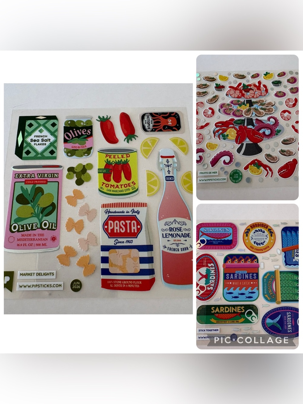 Grocery-Themed Sticker Sheet — Pasta, Sardines, Tomatoes & Rose Lemonade